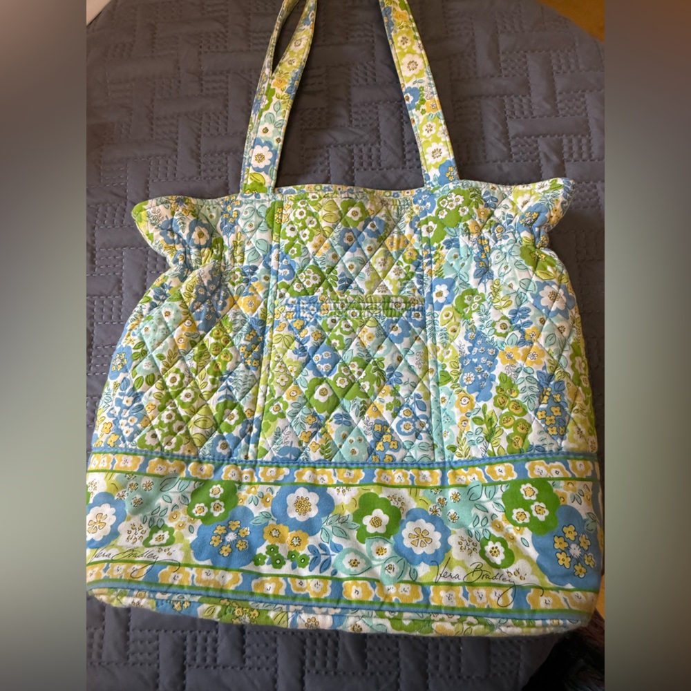 Vera Bradley English Meadow Quilted Tote Bag Blue Green Floral Retired Pattern - Picture 4 of 11